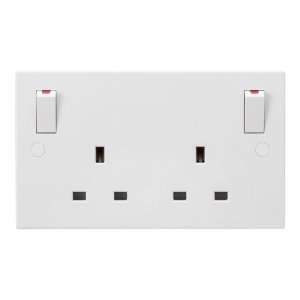 Knightsbridge SN9001 White 2 Gang Square Edge 13A DP Switched Socket With Outboard Rockers + Dual Earth