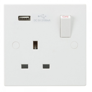 Knightsbridge SN9903 White 1 Gang Square Edge 13A SP Switched Socket With Single Type A USB Charger Outlets