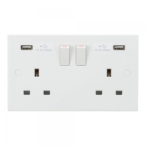 Knightsbridge SN9904 White 2 Gang Square Edge 13A SP Switched Socket With Dual Type A USB Charger Outlets