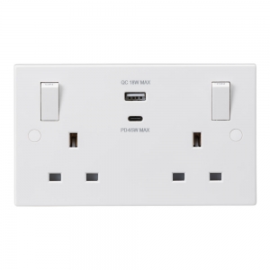 Knightsbridge SN9003 White 2 Gang Square Edge 13A SP Switched Socket With Type A + Type C USB Charger Outlets