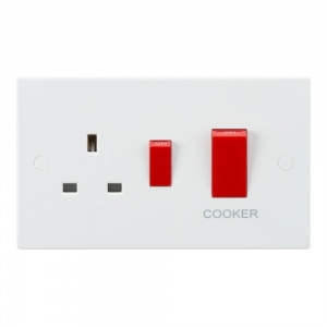 Knightsbridge SN8333 White Square Edge 45A DP Cooker Control Switch With 13A Switched Socket - Red Rockers
