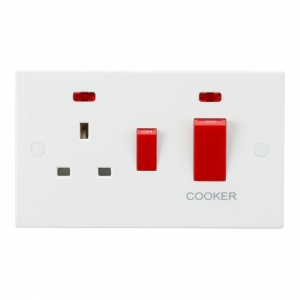 Knightsbridge SN8333N White Square Edge 45A DP Cooker Control Switch With 13A Switched Socket & Neons - Red Rockers