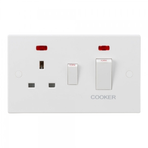 Knightsbridge SN8333NW White Square Edge 45A DP Cooker Control Switch With 13A Switched Socket - & Neons White Rockers