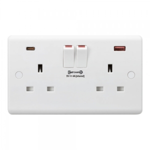 Knightsbridge CU9909 White 2 Gang Curved Edge 13A SP Switched Socket With Fastcharge Type A + Type C USB Charger Outlets