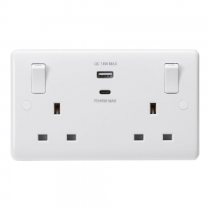 Knightsbridge CU9003 White 2 Gang Curved Edge 13A SP Switched Socket With Outboard Rockers & Type A + Type C USB Charger Outlets
