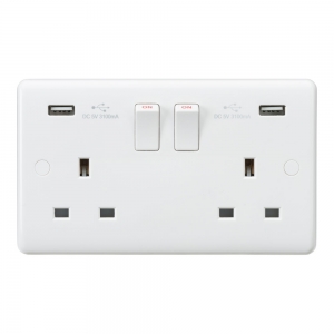 Knightsbridge CU9904 White 2 Gang Curved Edge 13A SP Switched Socket With Dual 3.1A Type A USB Charger Outlets