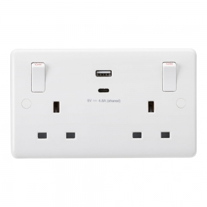 Knightsbridge CU9002 White 2 Gang Curved Edge 13A SP Switched Socket With Type A + Type C USB Charger Outlets