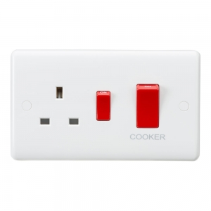 Knightsbridge CU8333 White Curved Edge 45A DP Cooker Control Switch With 13A Switched Socket - Red Rockers