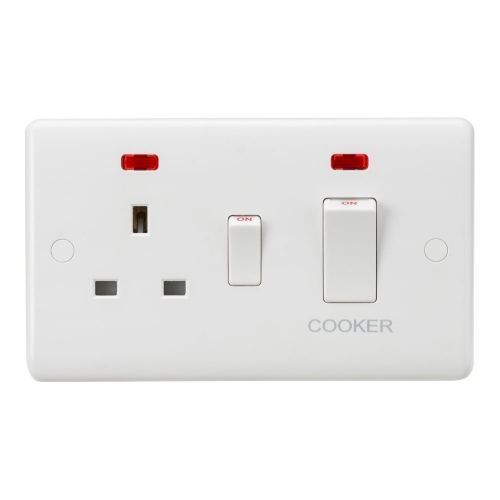 Knightsbridge CU8333NW White Curved Edge 45A DP Cooker Control Switch With 13A Switched Socket & Neons -White Rockers
