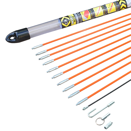 CK Tools T5410 Mighty Rod 10m Cable Rod Set With 10 x 1m Rods, Cable Hook, 190mm Coiled Steel Flexi Lead, Mini Eye + Ring & 5mm Adapter