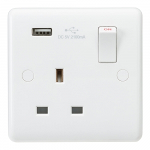 Knightsbridge CU9903 White 1 Gang Curved Edge 13A SP Switched Socket With Single Type A USB Charger Outlets