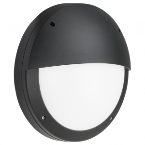 Knightsbridge SHE2B Sherpa Black Aluminium Round CCT LED Bulkhead With Eyelid Cover, Opal Polycarbonate Diffuser & 3000K/4000K/6000K Selectable LEDs IP65 18W 1020-1090Lm 230V DiaØ: 360mm | Proj: 94mm