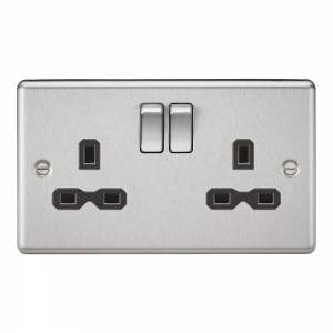 Knightsbridge CL9BC Brushed Chrome 2 Gang Rounded Edge 13A DP Switched Socket With Black Inserts
