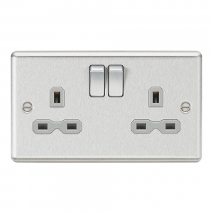 Knightsbridge CL9BCG Brushed Chrome 2 Gang Rounded Edge 13A DP Switched Socket With Grey Inserts