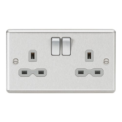Knightsbridge CL9BCG Brushed Chrome 2 Gang Rounded Edge 13A DP Switched Socket With Grey Inserts