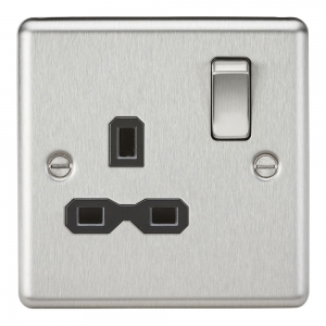 Knightsbridge CL7BC Brushed Chrome 1 Gang Rounded Edge 13A DP Switched Socket With Black Insert
