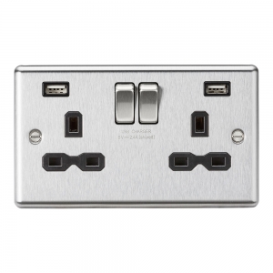Knightsbridge CL9224BC Brushed Chrome 2 Gang Rounded Edge 13A SP Switched Socket With Dual 2.4A Type A USB Charger Outlets & Black Inserts
