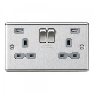 Knightsbridge CL9224BCG Brushed Chrome 2 Gang Rounded Edge 13A SP Switched Socket With Dual 2.4A Type A USB Charger Outlets & Grey Inserts