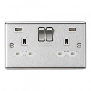 Knightsbridge CL9224BCW Brushed Chrome 2 Gang Rounded Edge 13A SP Switched Socket With Dual 2.4A Type A USB Charger Outlets & White Inserts