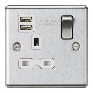 Knightsbridge CL9124BCW Brushed Chrome 1 Gang Rounded Edge 13A SP Switched Socket With Dual 2.4A Type A USB Charger Outlets & White Insert