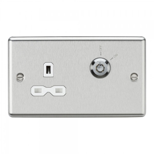 Knightsbridge CL9LOCKBCW Brushed Chrome Rounded Edge 1 Gang Curved Edge 13A DP Lockable Socket With White Insert On 2 Gang Plate
