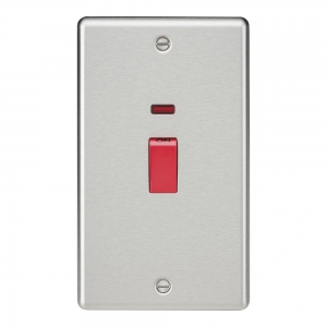 Knightsbridge CL82NBC Brushed Chrome Rounded Edge 45A DP Control Switch With Neon - Red Rocker On Large Vertical Plate