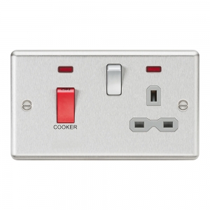 Knightsbridge CL83BCG Brushed Chrome Rounded Edge 45A DP Cooker Control Switch With 13A Switched Socket With Neons & Grey Insert
