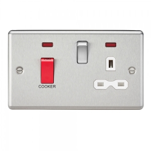 Knightsbridge CL83BCW Brushed Chrome Rounded Edge 45A DP Cooker Control Switch With 13A Switched Socket With Neons & White Insert