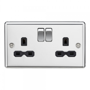 Knightsbridge CL9PC Polished Chrome 2 Gang Rounded Edge 13A DP Switched Socket With Black Inserts