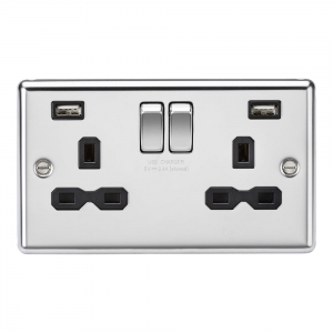 Knightsbridge CL9224PC Polished Chrome 2 Gang Rounded Edge 13A SP Switched Socket With Dual 2.4A Type A USB Charger Outlets & Black Inserts