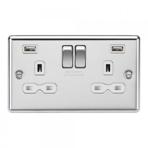 Knightsbridge CL9224PCW Polished Chrome 2 Gang Rounded Edge 13A SP Switched Socket With Dual 2.4A Type A USB Charger Outlets & White Inserts