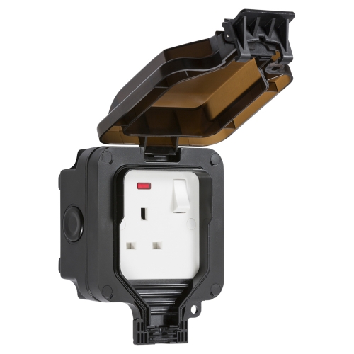 Knightsbridge OP7N Black 13A IP66 Weatherproof DP 1 Gang Switchsocket With Neon