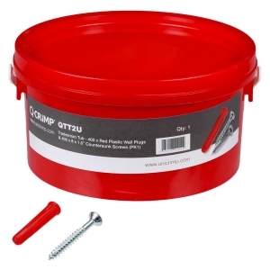 Unicrimp QTT2U Trade Tub With 400 x Red Plastic Wall Plugs & 400 x M8 x 1.5 Inch Countersunk Screws