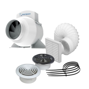 National Ventilation UMDTK Monsoon 100mm/4 Inch IPX4 Mains Voltage In-Duct Mixed Flow Shower Fan Kit with Timer
