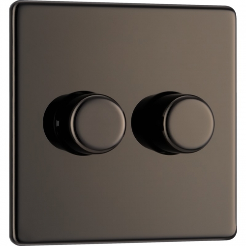 BG Electrical FBN82 Nexus Flatplate Black Nickel Screwless 2 Gang 2 Way Push Trailing Edge Dimmer Switch - Suitable For LED Lighting 200W