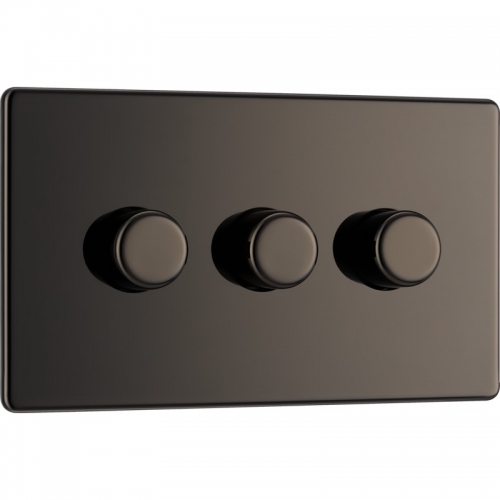 BG Electrical FBN83 Nexus Flatplate Black Nickel Screwless 3 Gang 2 Way Push Trailing Edge Dimmer Switch - Suitable For LED Lighting 200W