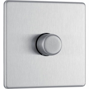 BG Electrical FBS81 Nexus Flatplate Brushed Steel Screwless 1 Gang 2 Way Push Trailing Edge Dimmer Switch - Suitable For LED Lighting 200W