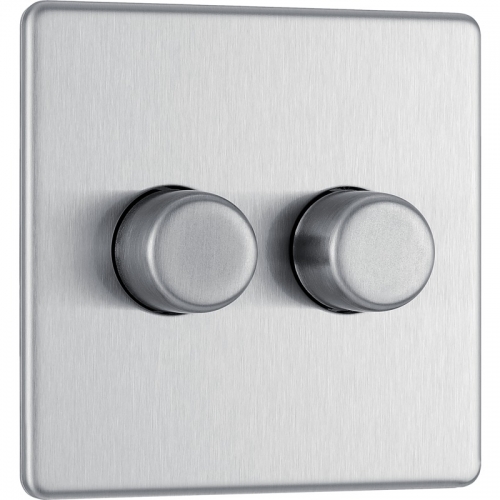 BG Electrical FBS82 Flatplate Brushed Steel Screwless 2 Gang 2 Way Push Trailing Edge Dimmer Switch - Suitable For LED Lighting 200W
