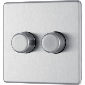 BG Electrical FBS82 Flatplate Brushed Steel Screwless 2 Gang 2 Way Push Trailing Edge Dimmer Switch - Suitable For LED Lighting 200W