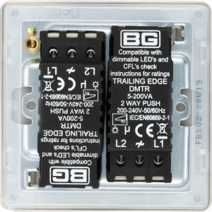 BG Electrical FBS82 Flatplate Brushed Steel Screwless 2 Gang 2 Way Push Trailing Edge Dimmer Switch - Suitable For LED Lighting 200W
