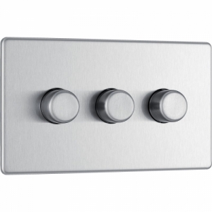 BG Electrical FBS83 Nexus Flatplate Brushed Steel Screwless 3 Gang 2 Way Push Trailing Edge Dimmer Switch - Suitable For LED Lighting 200W