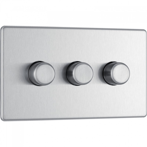 BG Electrical FBS83 Flatplate Brushed Steel Screwless 3 Gang 2 Way Push Trailing Edge Dimmer Switch - Suitable For LED Lighting 200W