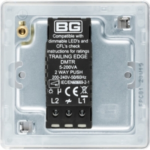 BG Electrical FPC81 Nexus Flatplate Polished Chrome Screwless 1 Gang 2 Way Push Trailing Edge Dimmer Switch - Suitable For LED Lighting 200W