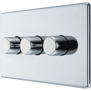 BG Electrical FPC83 Nexus Flatplate Polished Chrome Screwless 3 Gang 2 Way Push Trailing Edge Dimmer Switch - Suitable For LED Lighting 200W