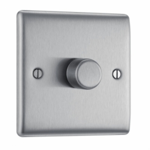 BG Electrical NBS81 Nexus Raised Edge Brushed Steel Screwed 1 Gang 2 Way Push Trailing Edge Dimmer Switch - Suitable For LED Lighting 200W