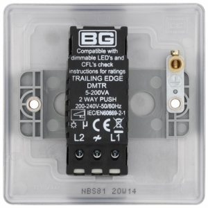 BG Electrical NBS81 Nexus Raised Edge Brushed Steel Screwed 1 Gang 2 Way Push Trailing Edge Dimmer Switch - Suitable For LED Lighting 200W
