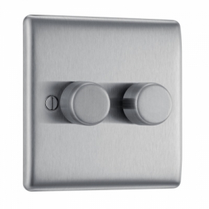 BG Electrical NBS82 Nexus Raised Edge Brushed Steel Screwed 2 Gang 2 Way Push Trailing Edge Dimmer Switch - Suitable For LED Lighting 200W