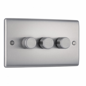 BG Electrical NBS83 Nexus Raised Edge Brushed Steel Screwed 3 Gang 2 Way Push Trailing Edge Dimmer Switch - Suitable For LED Lighting 200W