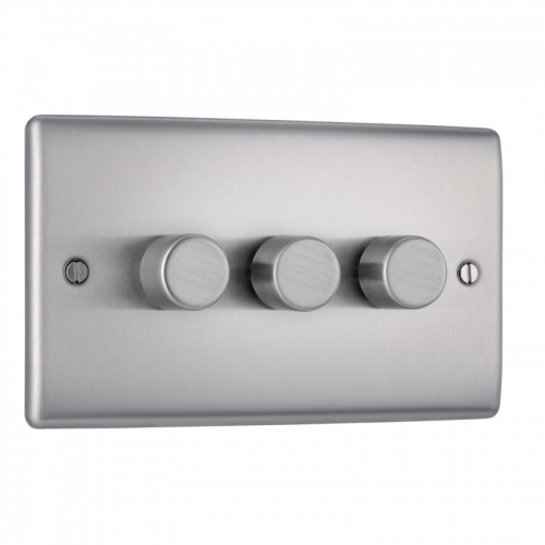 BG Electrical NBS83 Nexus Raised Edge Brushed Steel Screwed 3 Gang 2 Way Push Trailing Edge Dimmer Switch - Suitable For LED Lighting 200W