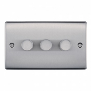 BG Electrical NBS83 Nexus Raised Edge Brushed Steel Screwed 3 Gang 2 Way Push Trailing Edge Dimmer Switch - Suitable For LED Lighting 200W
